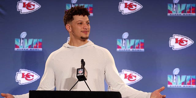 Patrick Mahomes of the Kansas City Chiefs speaks to the media during the Kansas City Chiefs media availability prior to Super Bowl LVII at the Hyatt Regency Gainey Ranch on Feb. 8, 2023, in Scottsdale, Arizona.