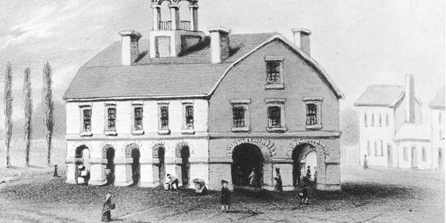 An engraving of the site of the first Supreme Court, the Old Merchants Exchange in Manhattan, circa 1790.  