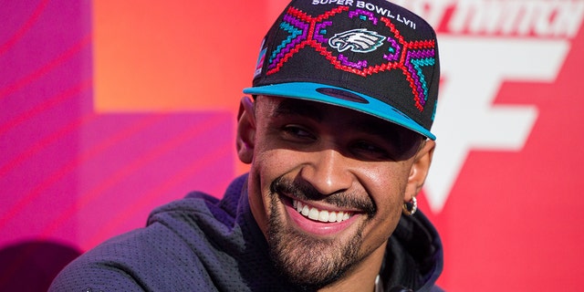 Philadelphia Eagles quarterback Jalen Hurts, #1, speaks to the media during the NFL Super Bowl LVII Opening Night on Monday, Feb. 6, 2023 at Footprint Center in Phoenix.