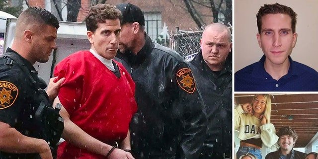 Bryan Kohberger escorted to court in Pennsylvania prior to his extradition back to Idaho to face charges in the deaths of Maddie Mogen, Kaylee Goncalves, Xana Kernodle and Ethan Chapin. Inset: Kohberger's WSU portrait and the last known image of the victims together