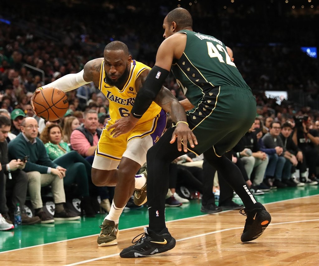 Celtics veteran Al Horford defends Lakers star LeBron James at TD Garden on Jan. 28, 2023 in Boston, Massachusetts.
