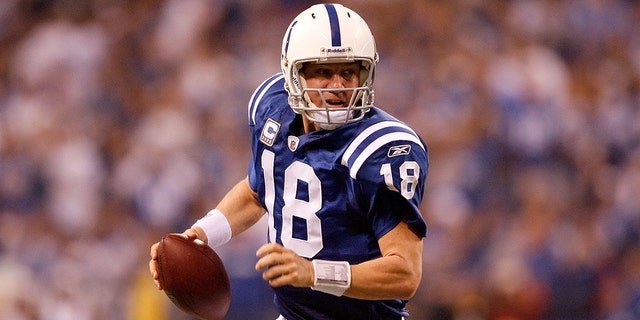 Quarterback Peyton Manning, #18 of the Indianapolis Colts, looks to pass the ball in the second half against the Baltimore Ravens during the AFC Divisional Playoff Game at Lucas Oli Stadium on Jan. 16, 2010 in Indianapolis.