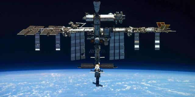In this handout photo released by Roscosmos State Space Corporation, a view of the International Space Station taken on March 30, 2022, by crew of Russian Soyuz MS-19 space ship after undocking from the station.