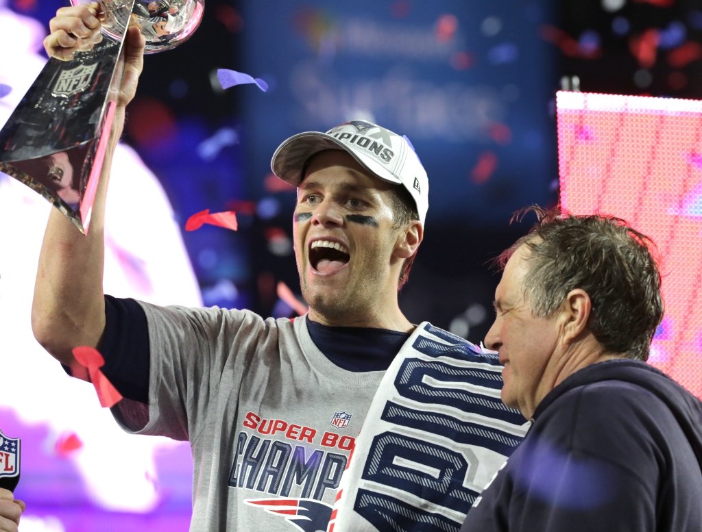 Tom Brady and Bill Belichick celebrate after the Patriots won Super Bowl XLIX.